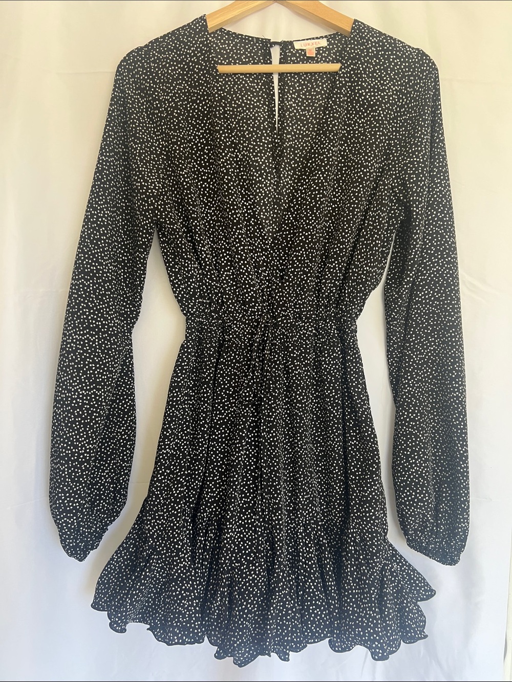 Luxxel Black and White Polka Dot Long-Sleeve Fit-and-Flare Romper
